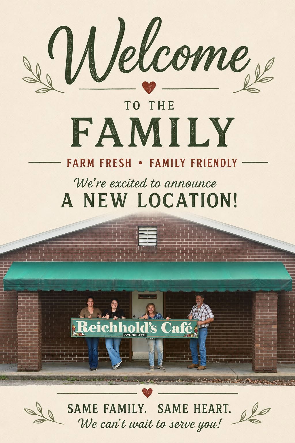 Reichhold's Café family announcing the new location